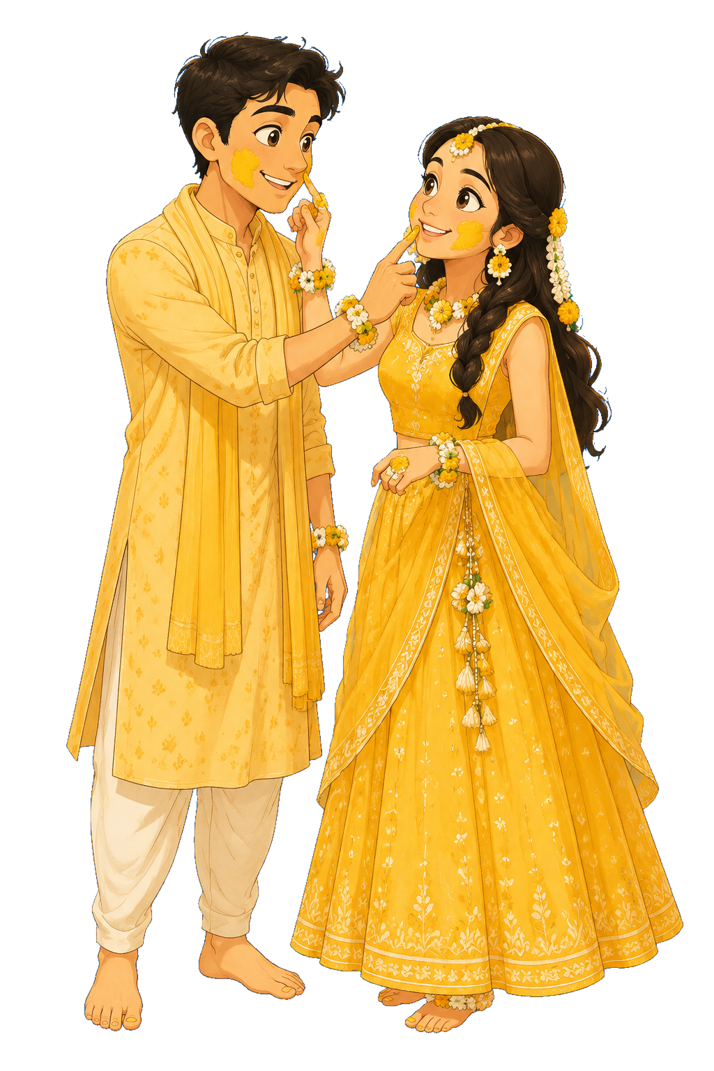 Painted scene of Varsha applying haldi to Adithya