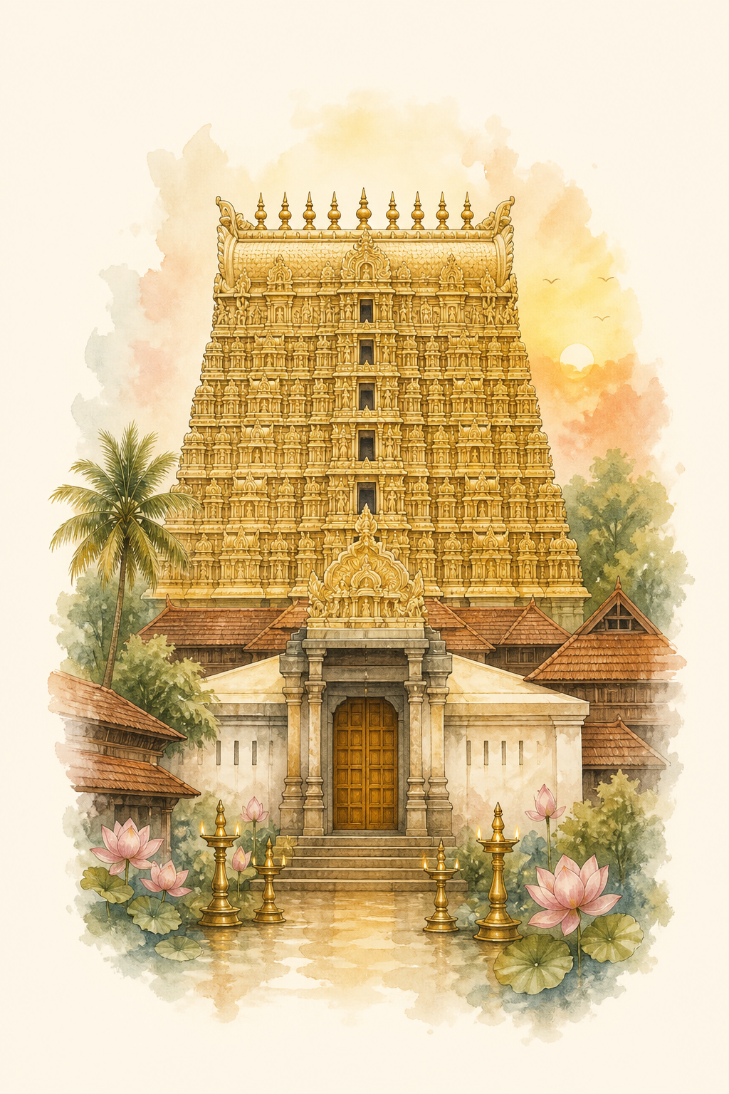 Watercolor illustration of Padmanabhaswamy Temple