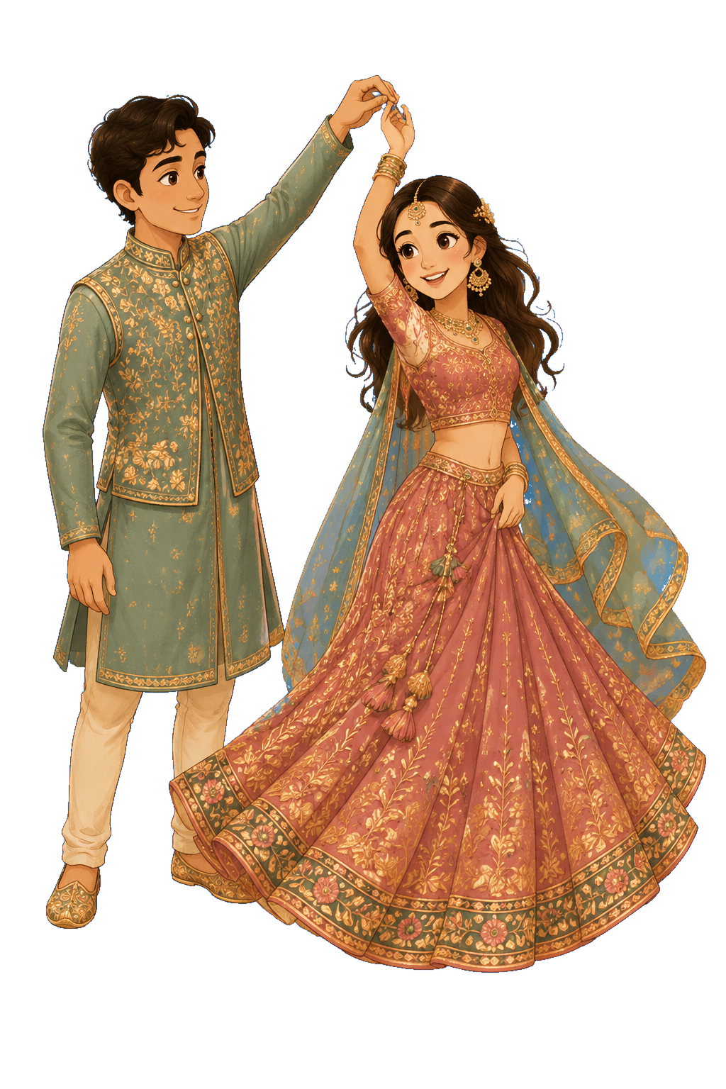 Painted scene of Adithya twirling Varsha at Sangeeth