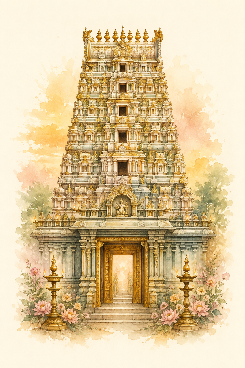 Watercolor illustration of Tirupati Venkateswara Temple