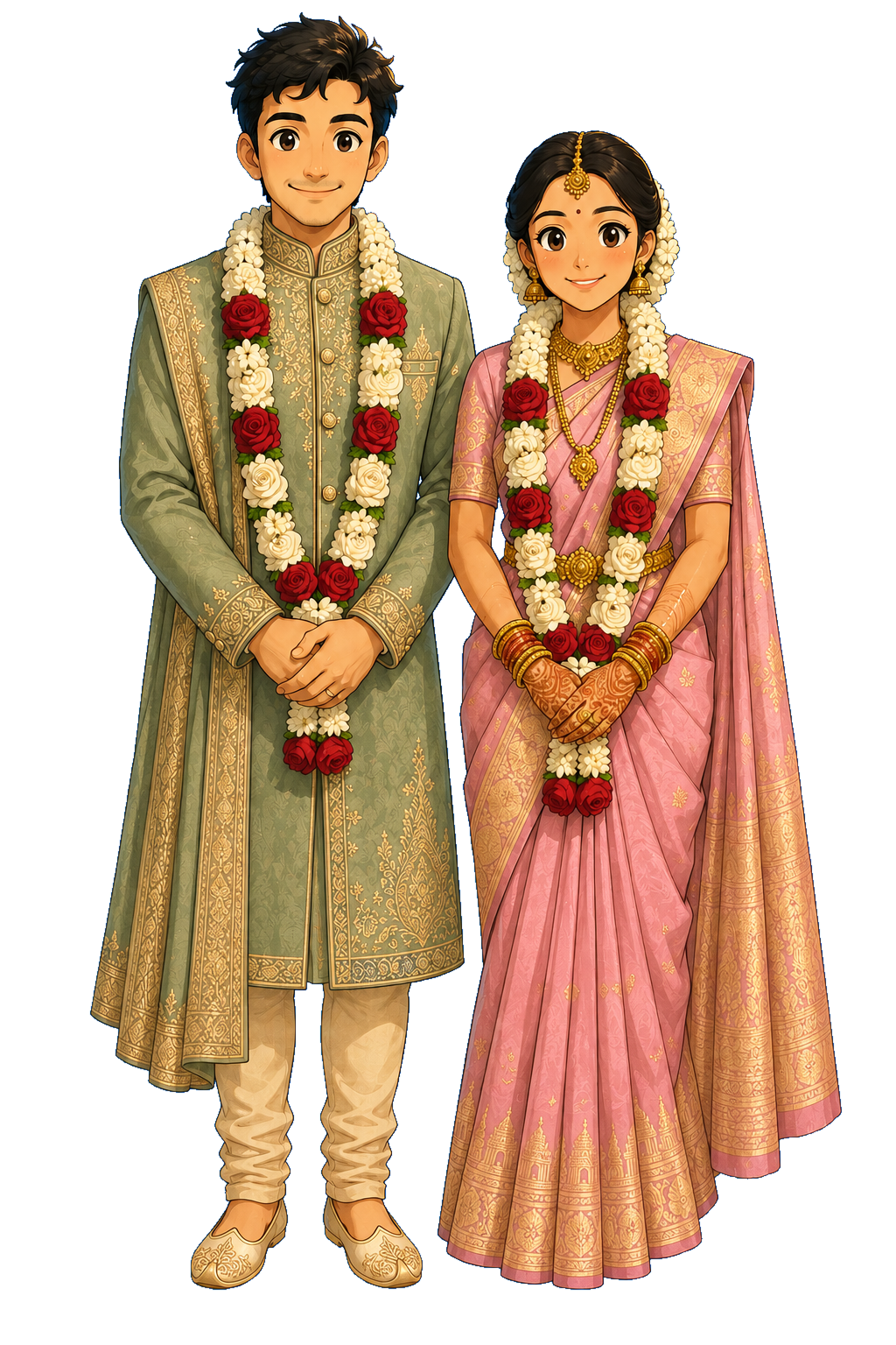Ghibli-style illustrated wedding couple